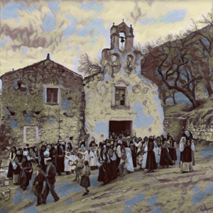 Processione tra fede e tradizione: antica sagra campestre sarda davanti alla chiesa, tra costumi tipici e riti senza tempo