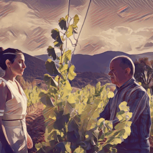 Nel Cuore della Barbagia: Incontro tra Tradizione e Futuro nella Vigna di Orgosolo, Ritratto NFT di un Coltivatore e una Donna Sarda tra i Filari dei Vini Storici, Biologici e di Qualità della Sardegna