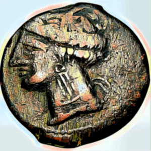 Antica moneta sarda: volto e simboli del passato, tra mistero nuragico e arte numismatica in una visione NFT stilizzata