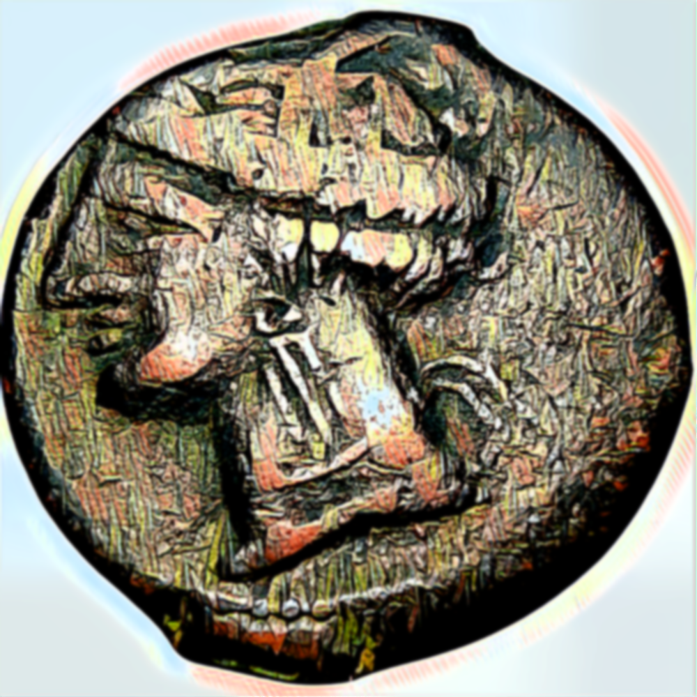 Antica moneta sarda: volto e simboli del passato, tra mistero nuragico e arte numismatica in una visione NFT stilizzata